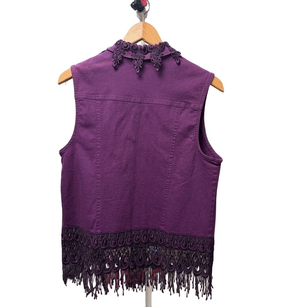 Vintage 90s Boho Medium Lace Cotton Denim Vest Purple Fringe Festival Fairy Goth - Picture 3 of 10